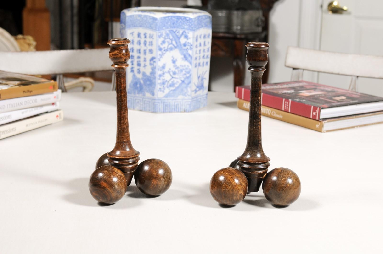 Turned Pair of English Victorian Period Late 19th Century Sphere Bases Candlesticks For Sale