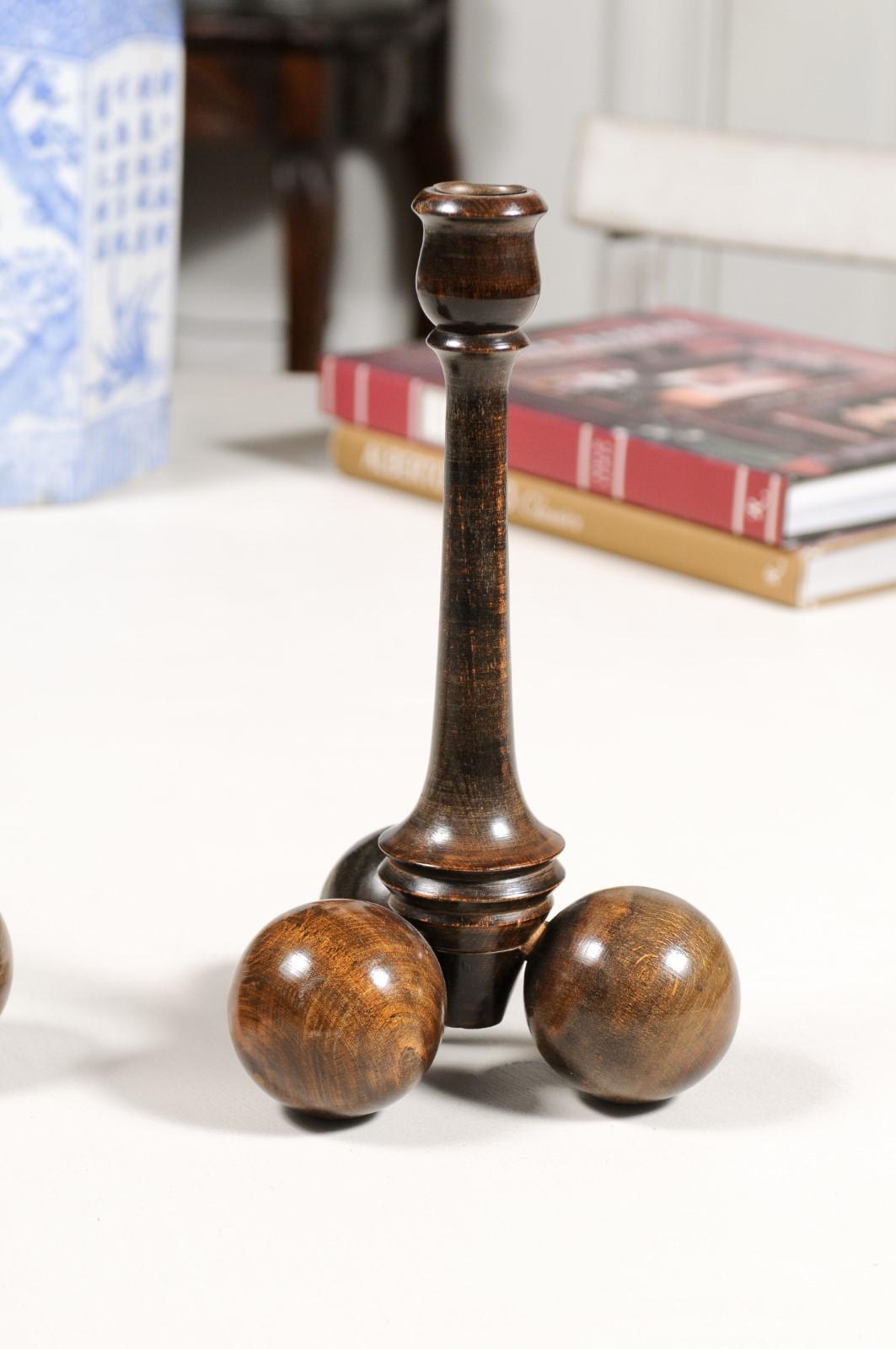 Wood Pair of English Victorian Period Late 19th Century Sphere Bases Candlesticks For Sale
