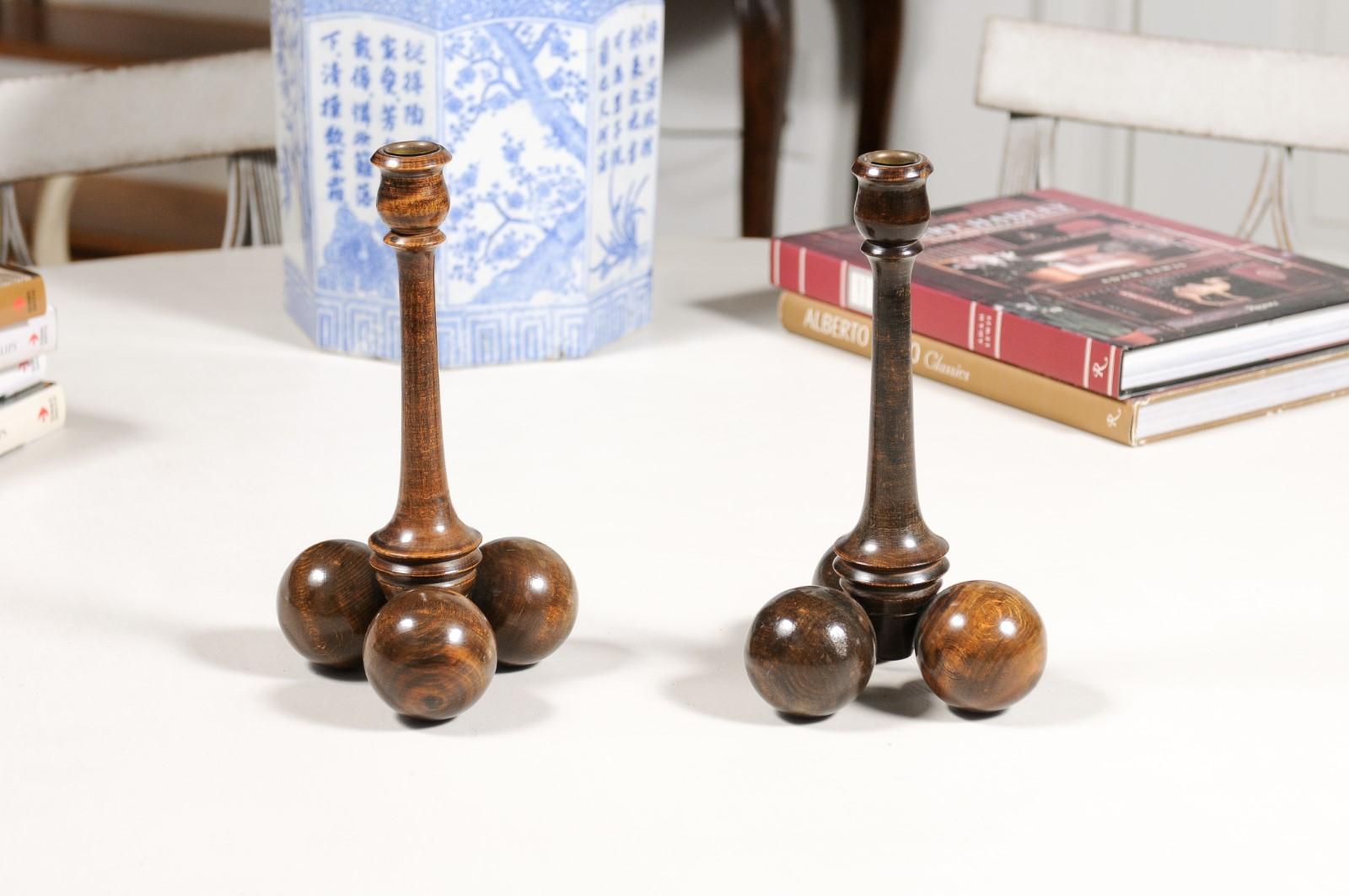 Pair of English Victorian Period Late 19th Century Sphere Bases Candlesticks For Sale 1