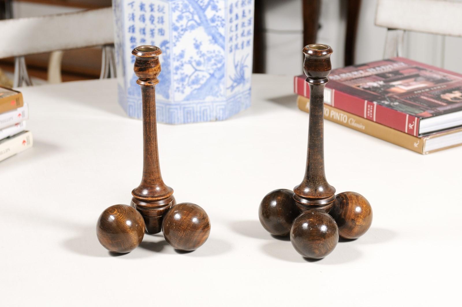Pair of English Victorian Period Late 19th Century Sphere Bases Candlesticks For Sale 2