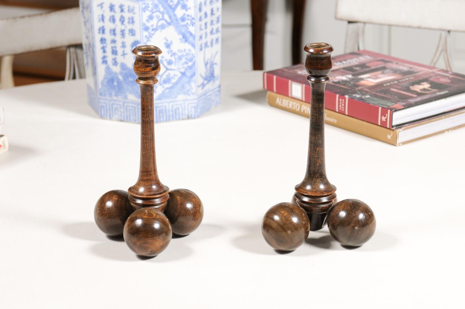 Pair of English Victorian Period Late 19th Century Sphere Bases Candlesticks For Sale 3