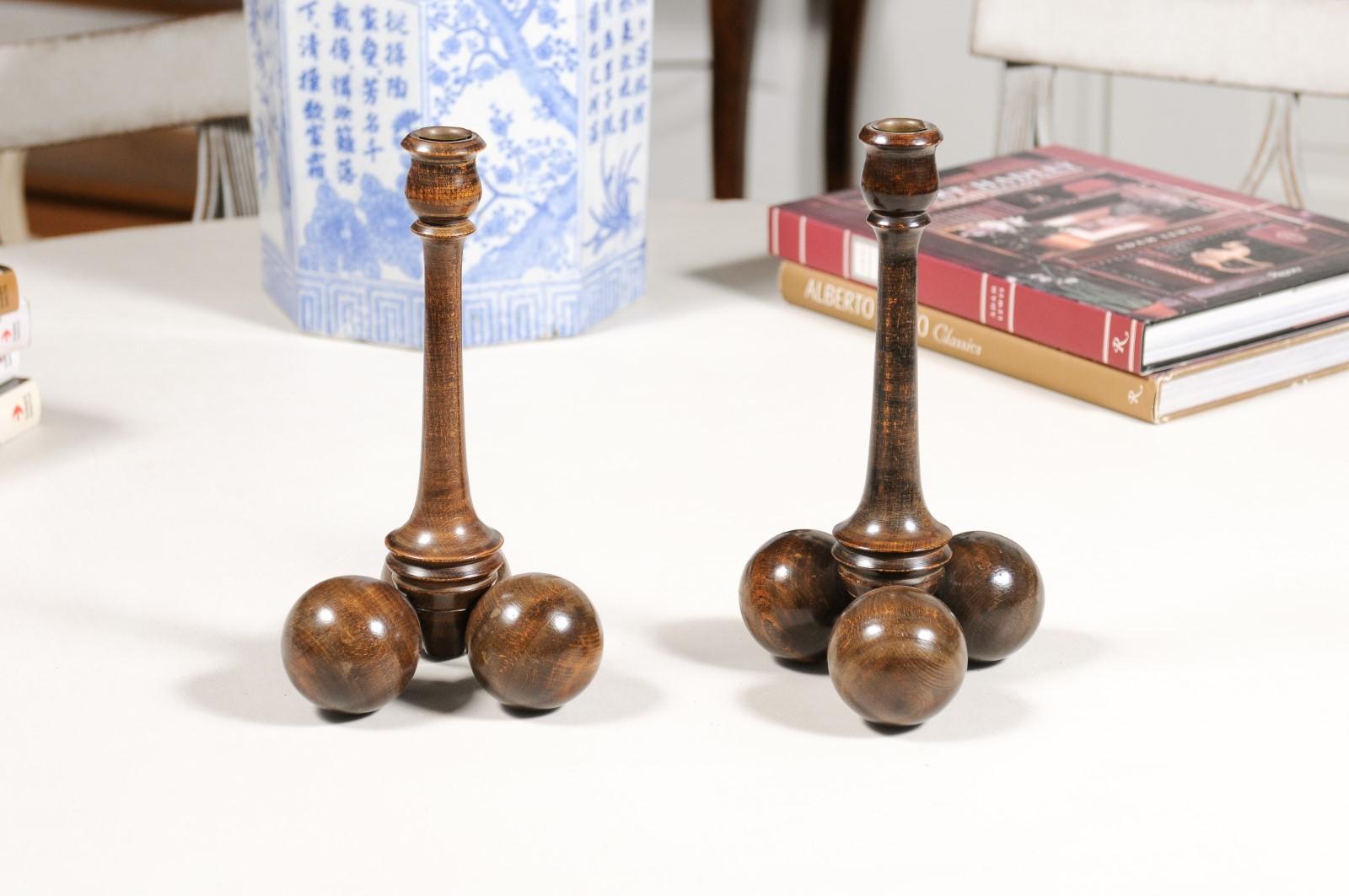 Pair of English Victorian Period Late 19th Century Sphere Bases Candlesticks For Sale 4