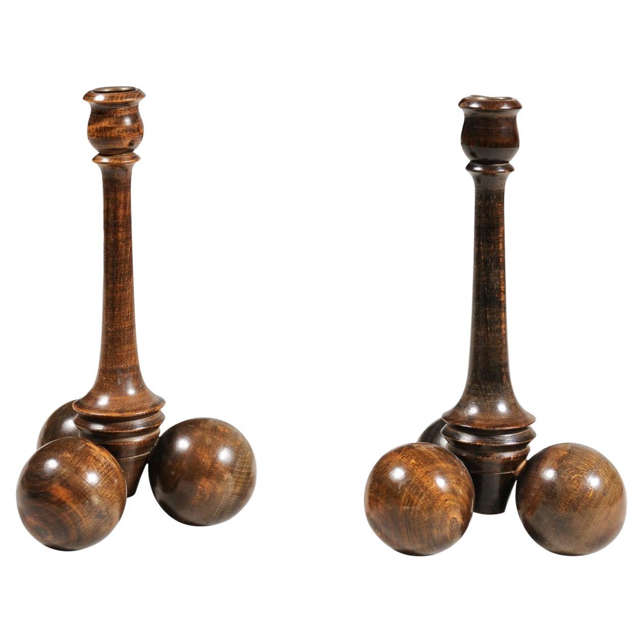 Pair of English Victorian Period Late 19th Century Sphere Bases Candlesticks For Sale