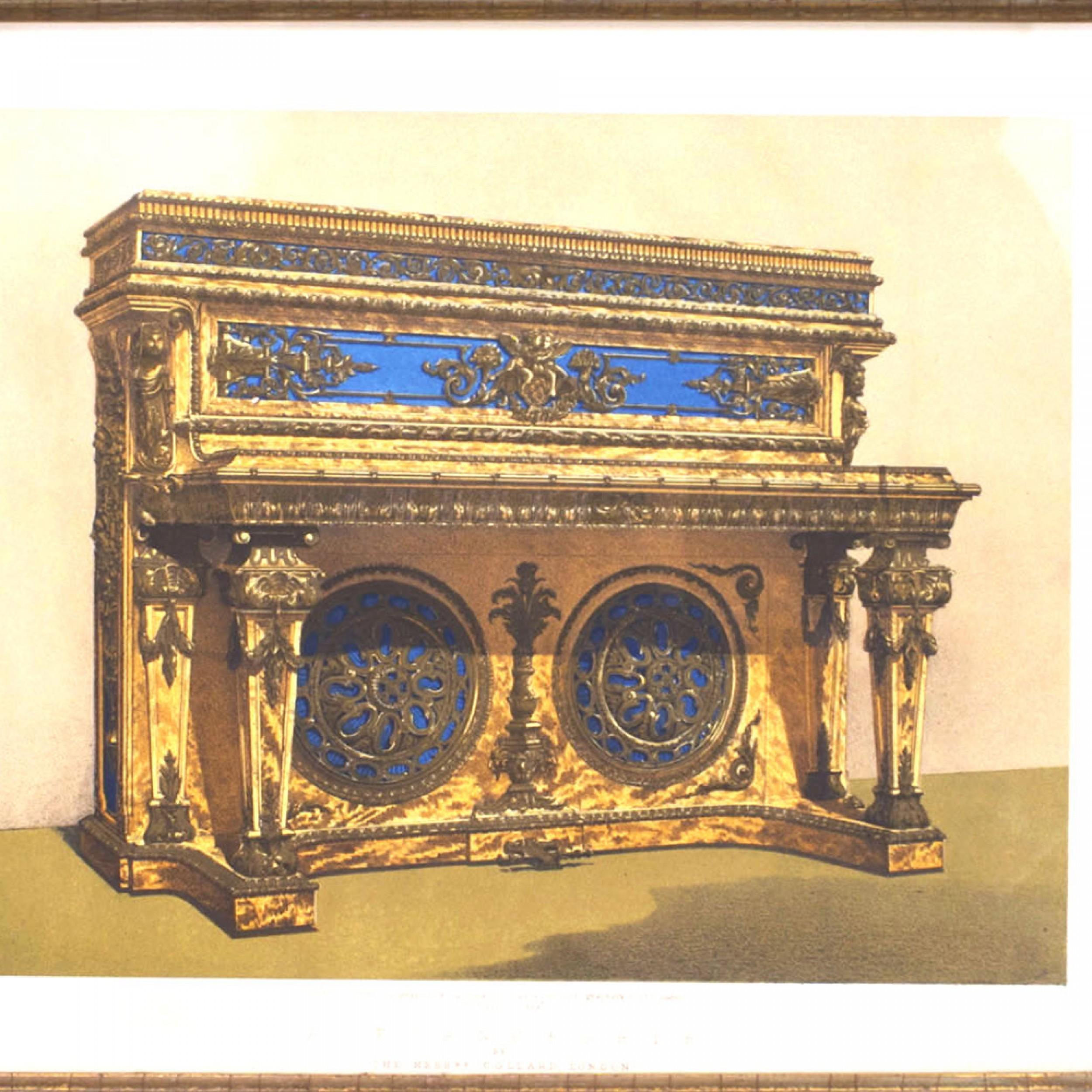 PAR de grabados ingleses victorianos en color de pinafores (piano) en marcos dorados y de terciopelo beige (Sres. Wright and Mansfield, Londres)