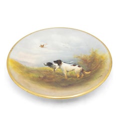 Pair of English Victorian Porcelain Hunting Dog Scene Wall Plaques