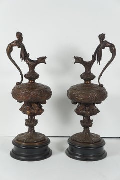 Pair of English Victorian Renaissance Revival Cast Bronze Ewers