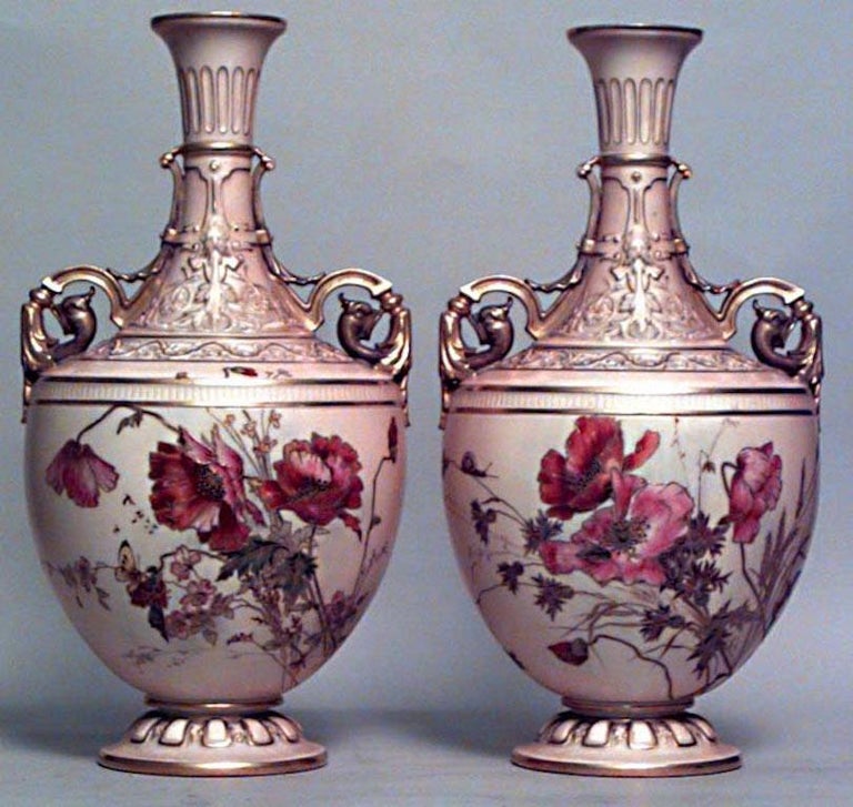 Pair of English Victorian Royal Worcester Floral Design Vases For Sale