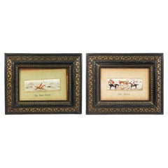 Antique Pair of English Victorian Silk Embroidered Hunting Scenes