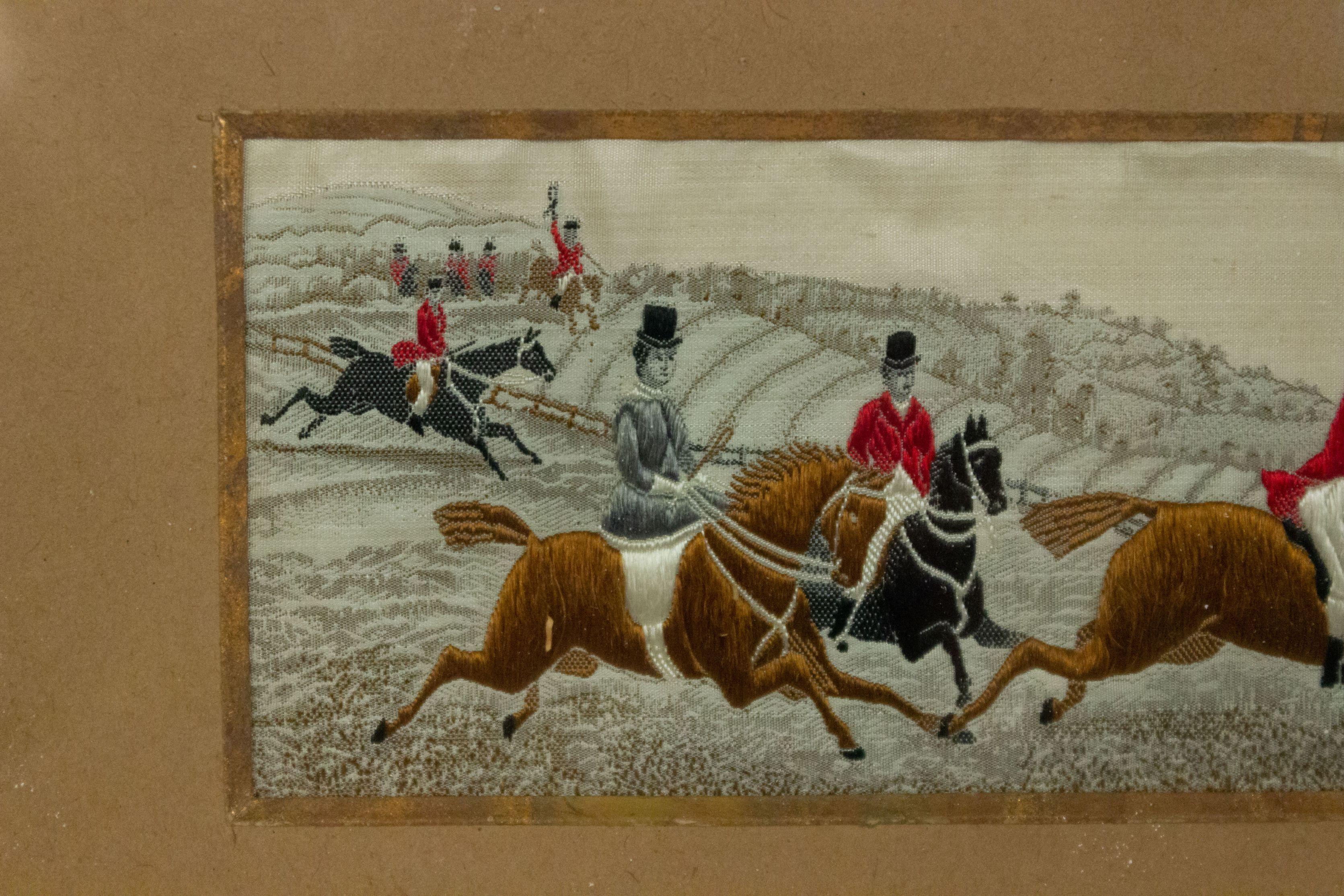 Pair of English Victorian Stevengraph embroidered hunt scenes with fruitwood frames (Stevens).
 