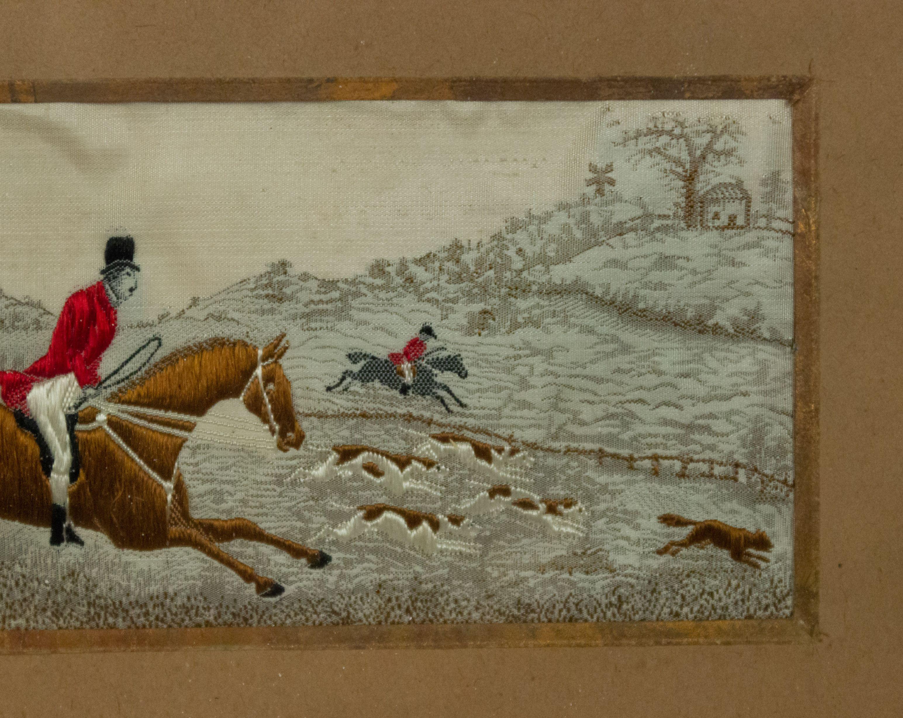 Pair of English Victorian Stevengraph Embroidered Hunt Scenes In Good Condition For Sale In New York, NY