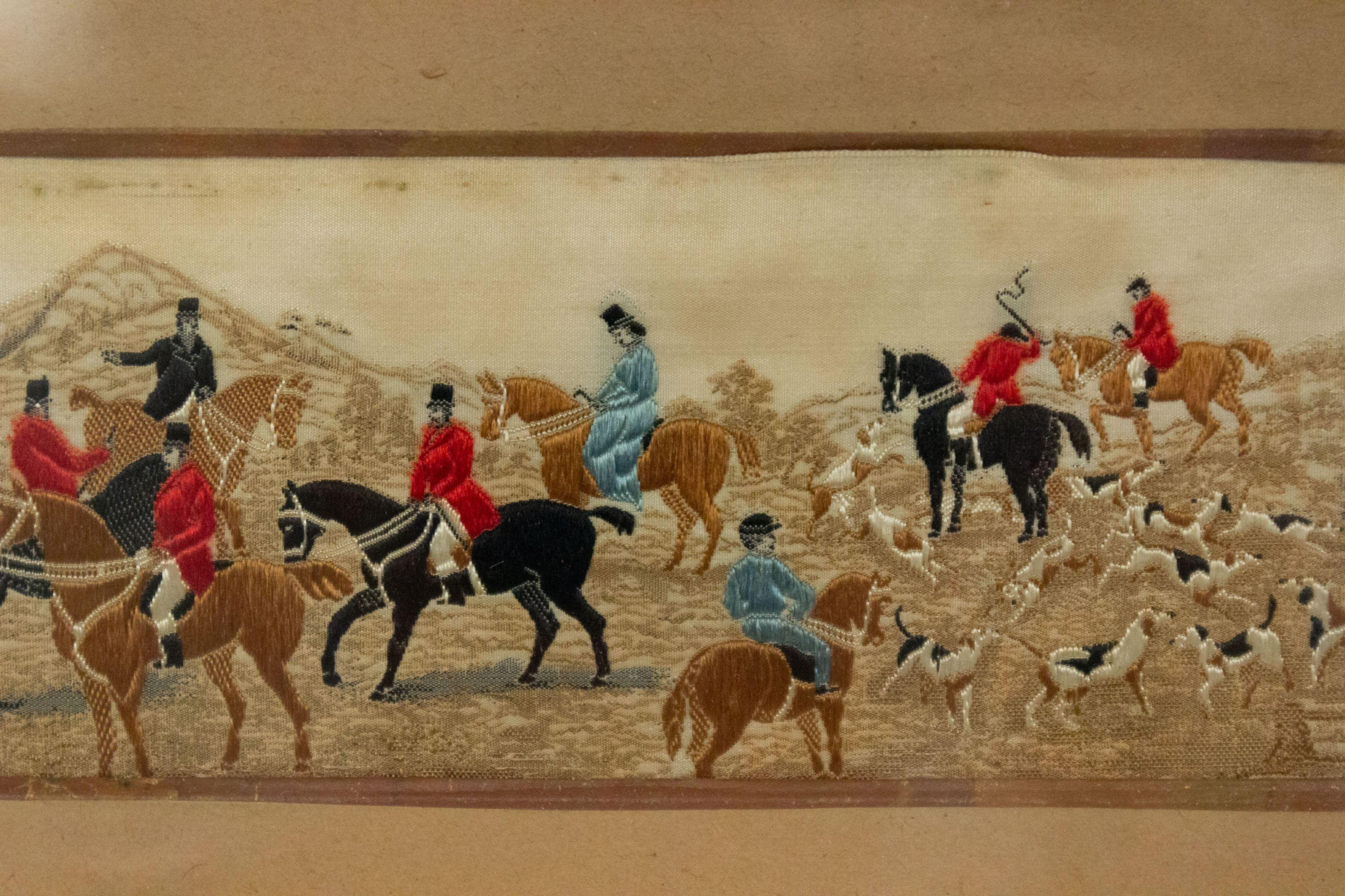 Pair of English Victorian Stevengraph Embroidered Hunt Scenes For Sale 2