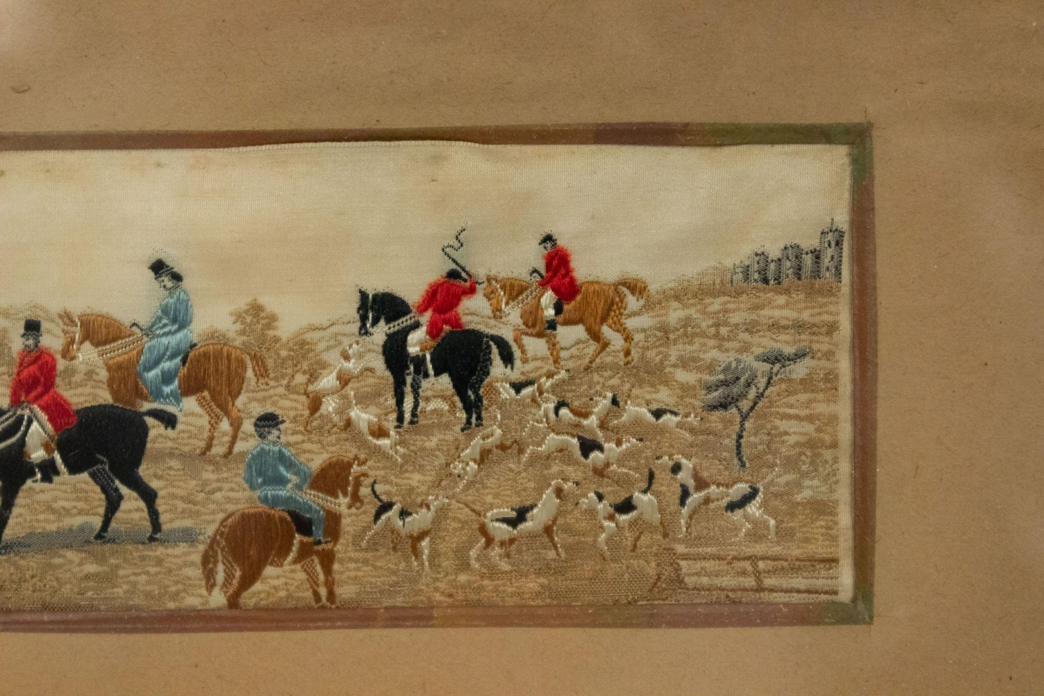 Pair of English Victorian Stevengraph Embroidered Hunt Scenes For Sale 3