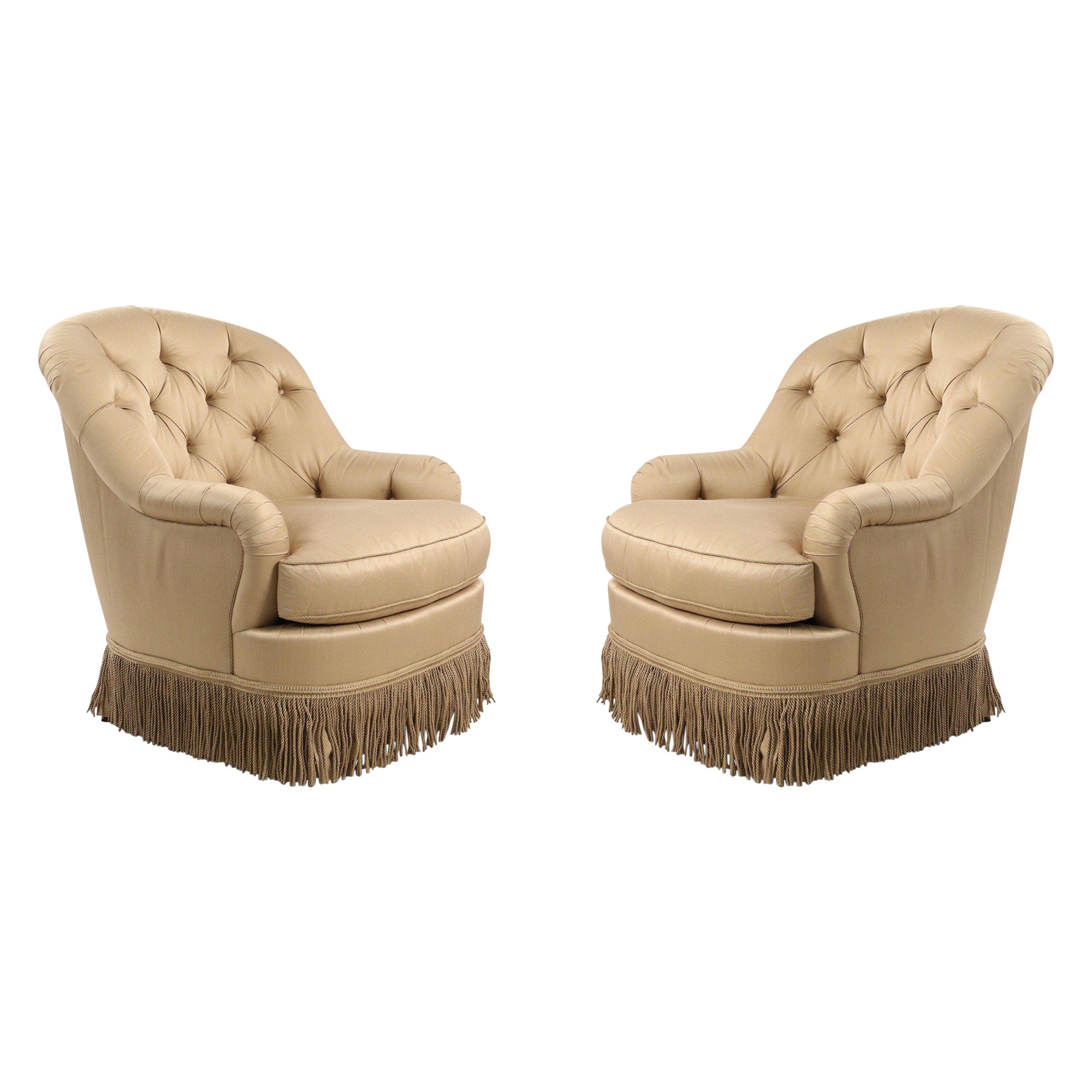 Pair of English Victorian Style Beige Tufted Fringed Tub Armchairs