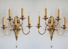 Pair of English Art Deco Brass Five-Light Wall Sconces, England, 1930s