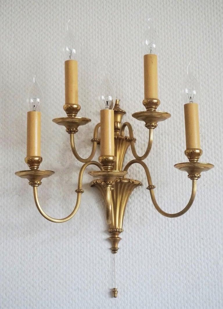 English Pair of Victorian Style Brass Five-Light Wall Sconces, England, 1920-1930 For Sale