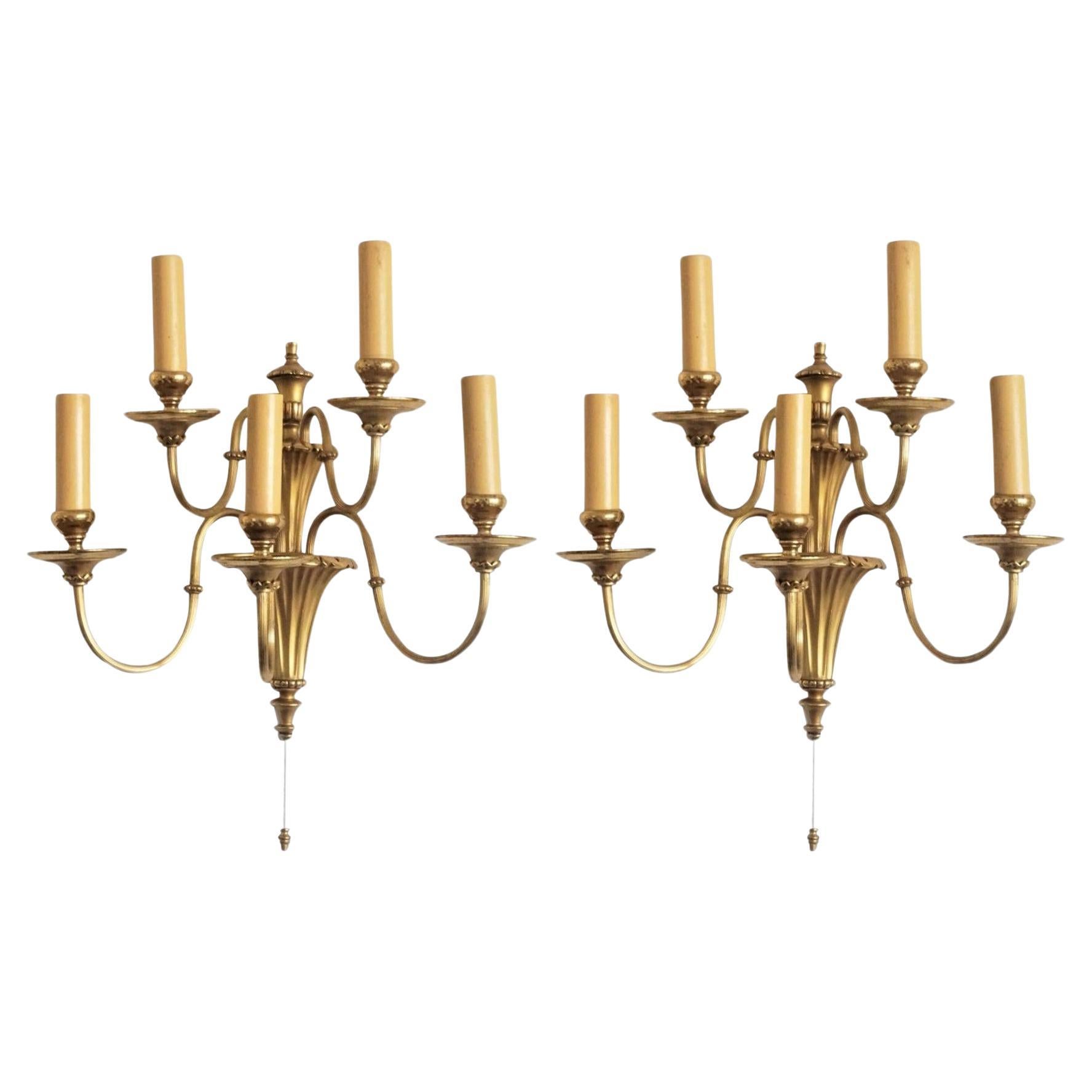 Pair of English Art Deco Brass Five-Light Wall Sconces, England, 1930s For Sale