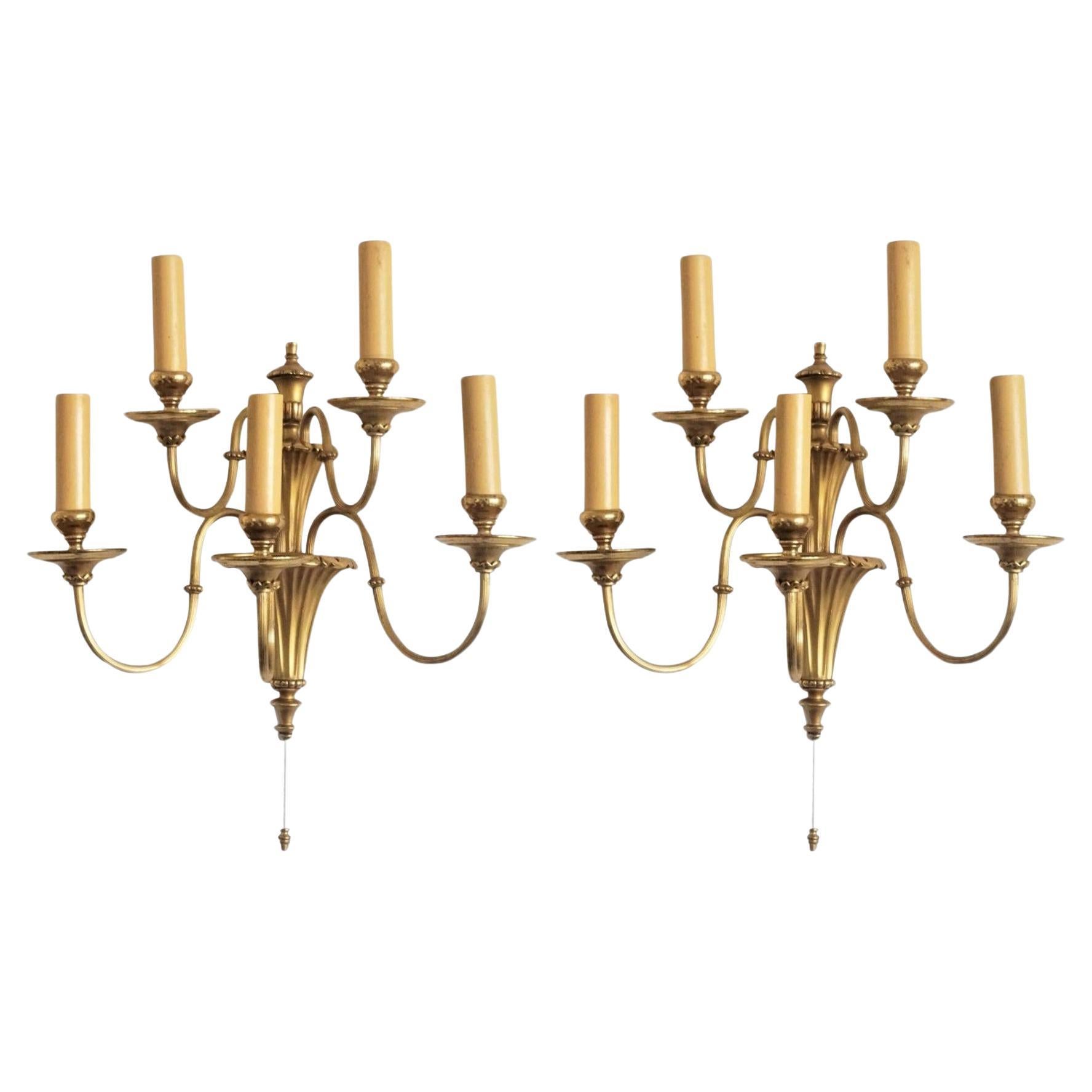 Pair of English Victorian Style Brass Two-Tier Five-Light Wall Sconces For Sale