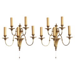 Antique Pair of Victorian Style Brass Five-Light Wall Sconces, England, 1920-1930