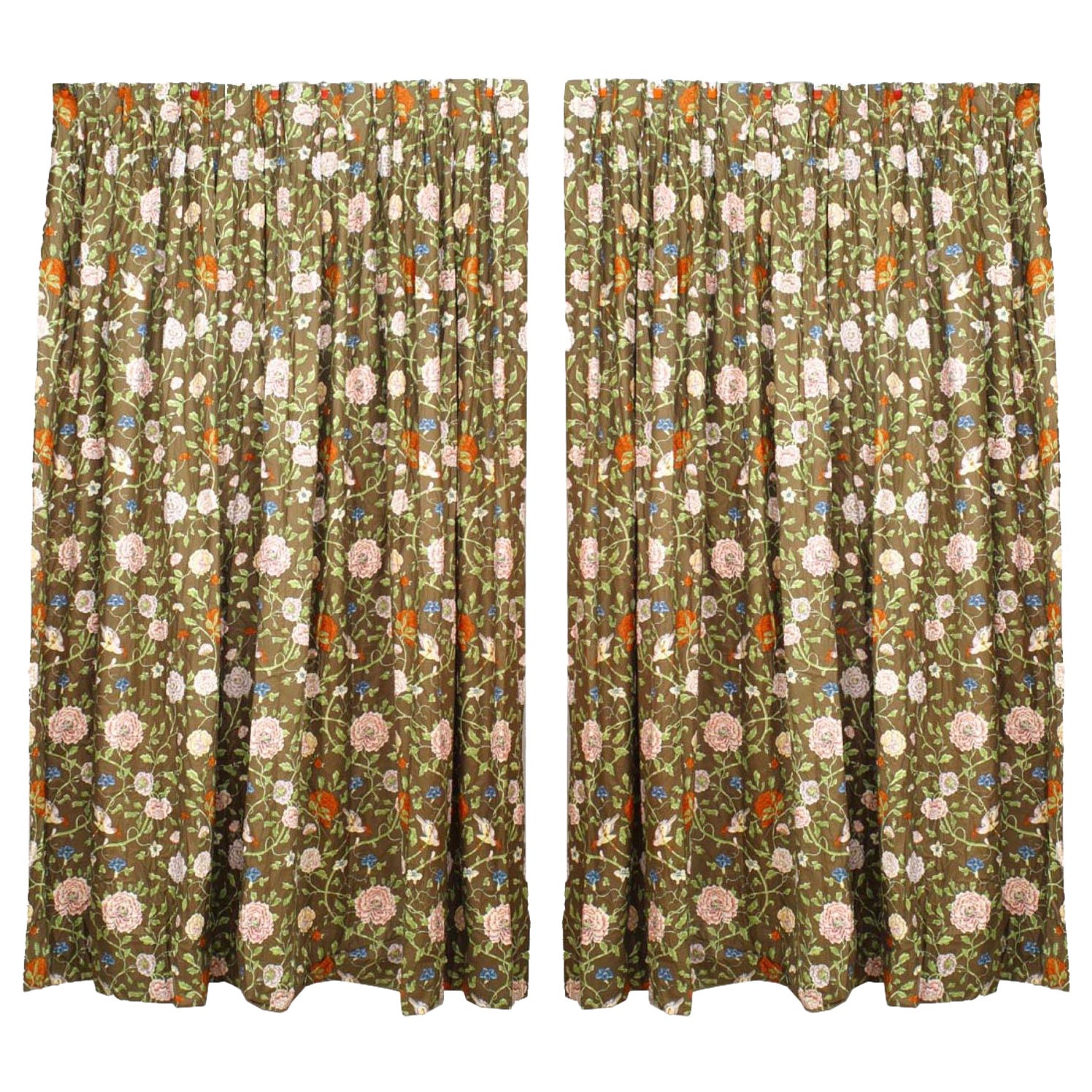 Pair of English Victorian Style Cotton Drapes with Flowering Drapes