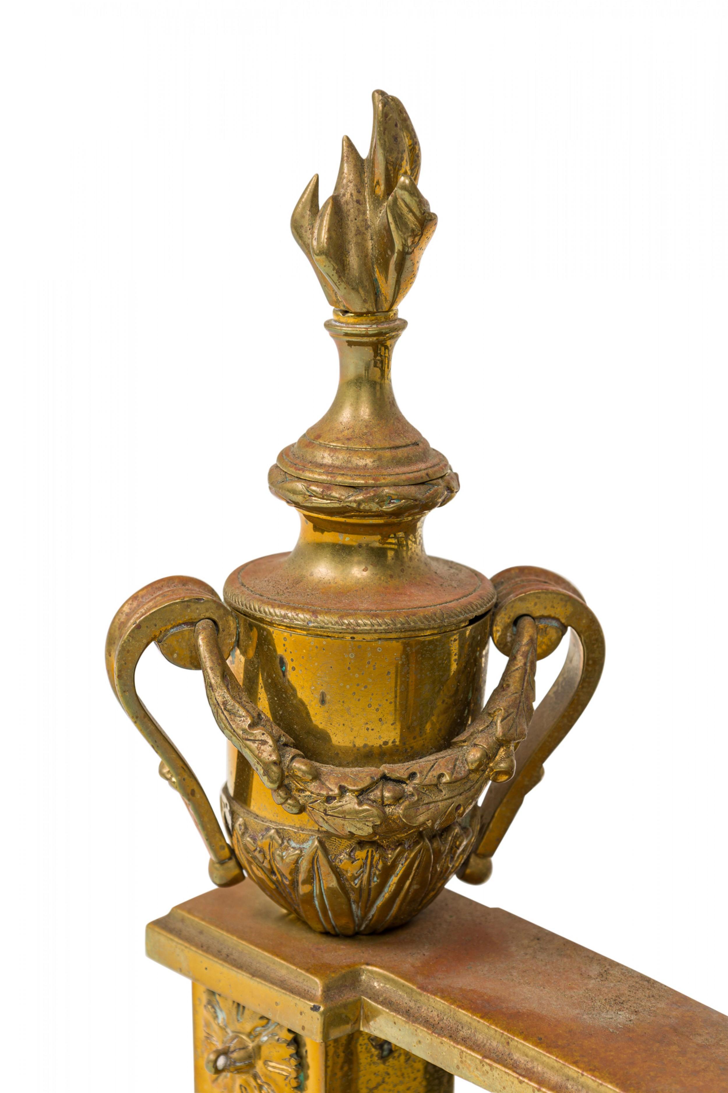 Pair of English Victorian Style Flame and Urn Finial and Greyhound Figure Andiro In Good Condition For Sale In Queens, NY