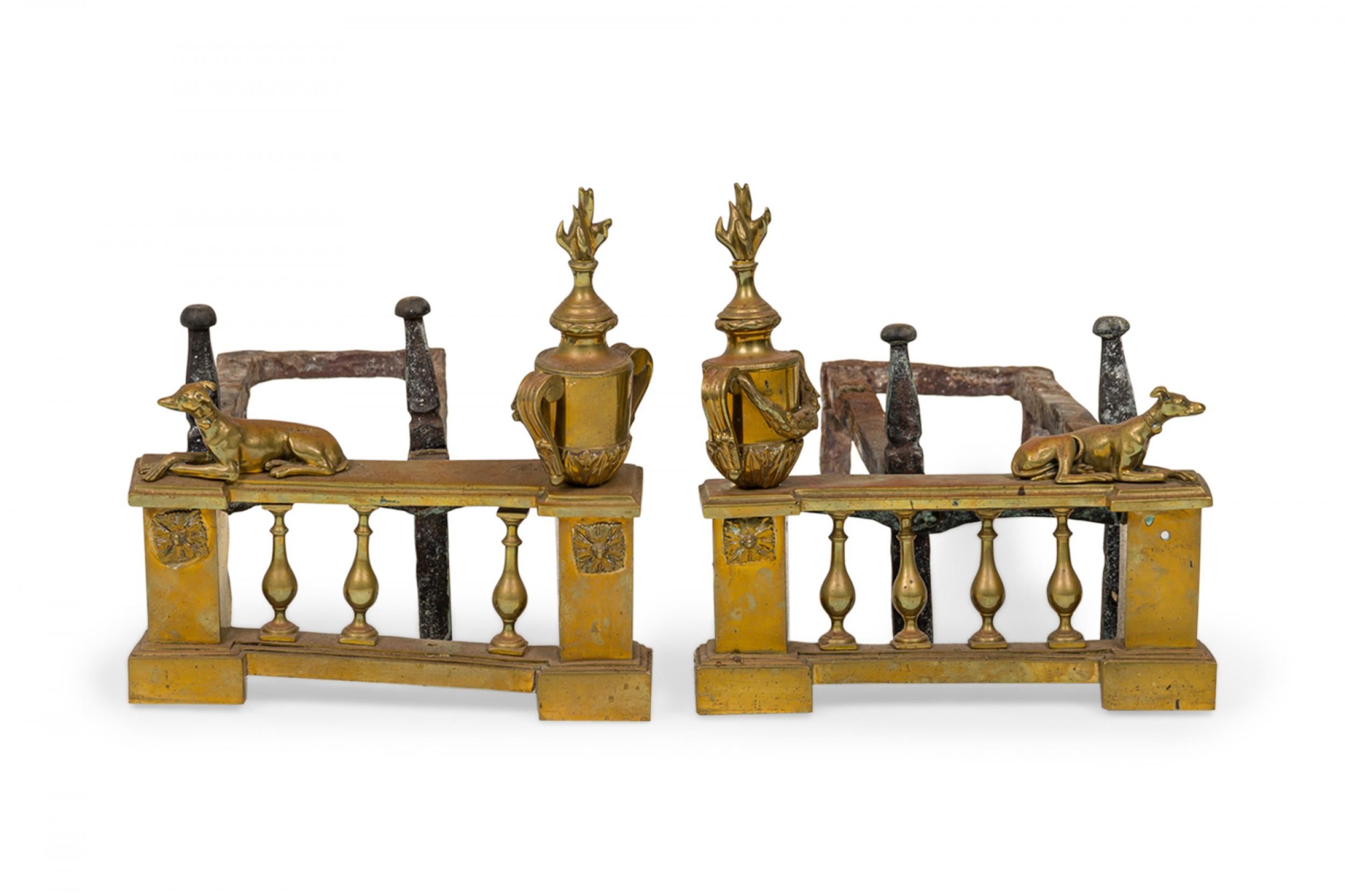20th Century Pair of English Victorian Style Flame and Urn Finial and Greyhound Figure Andiro For Sale