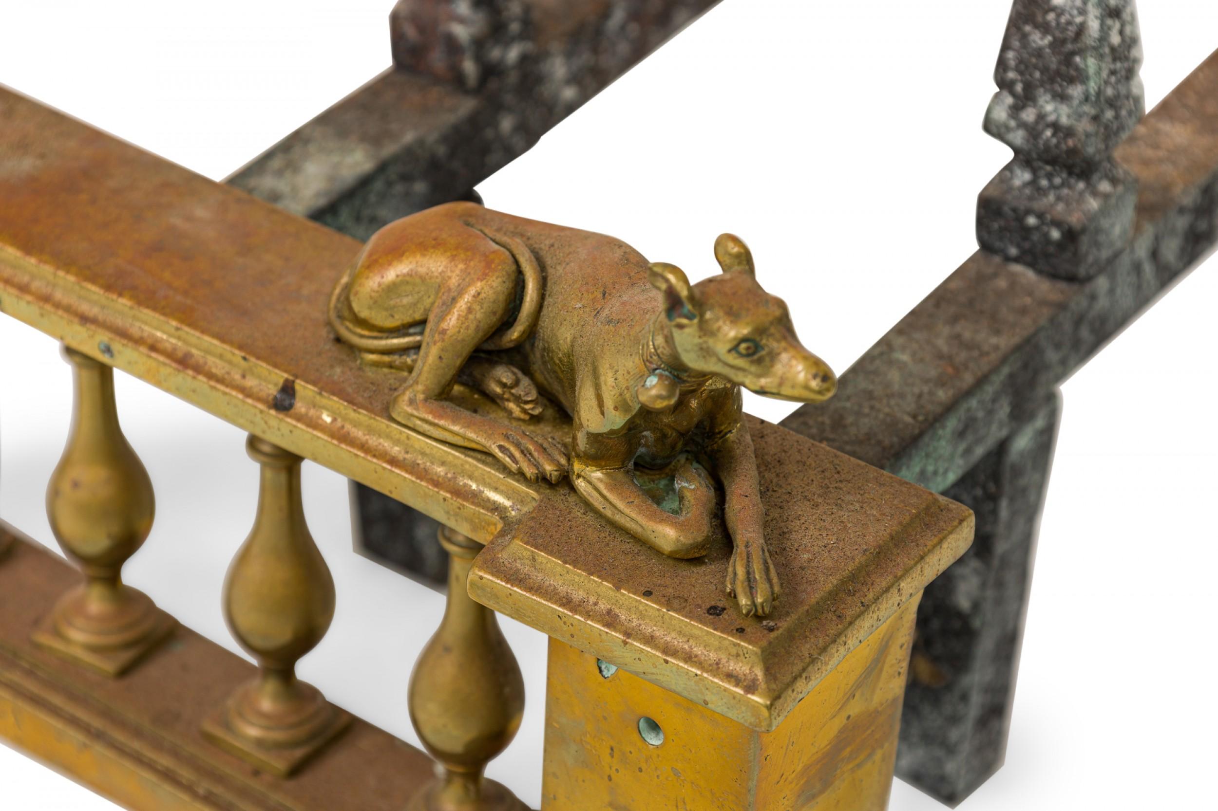 Iron Pair of English Victorian Style Flame and Urn Finial and Greyhound Figure Andiro For Sale