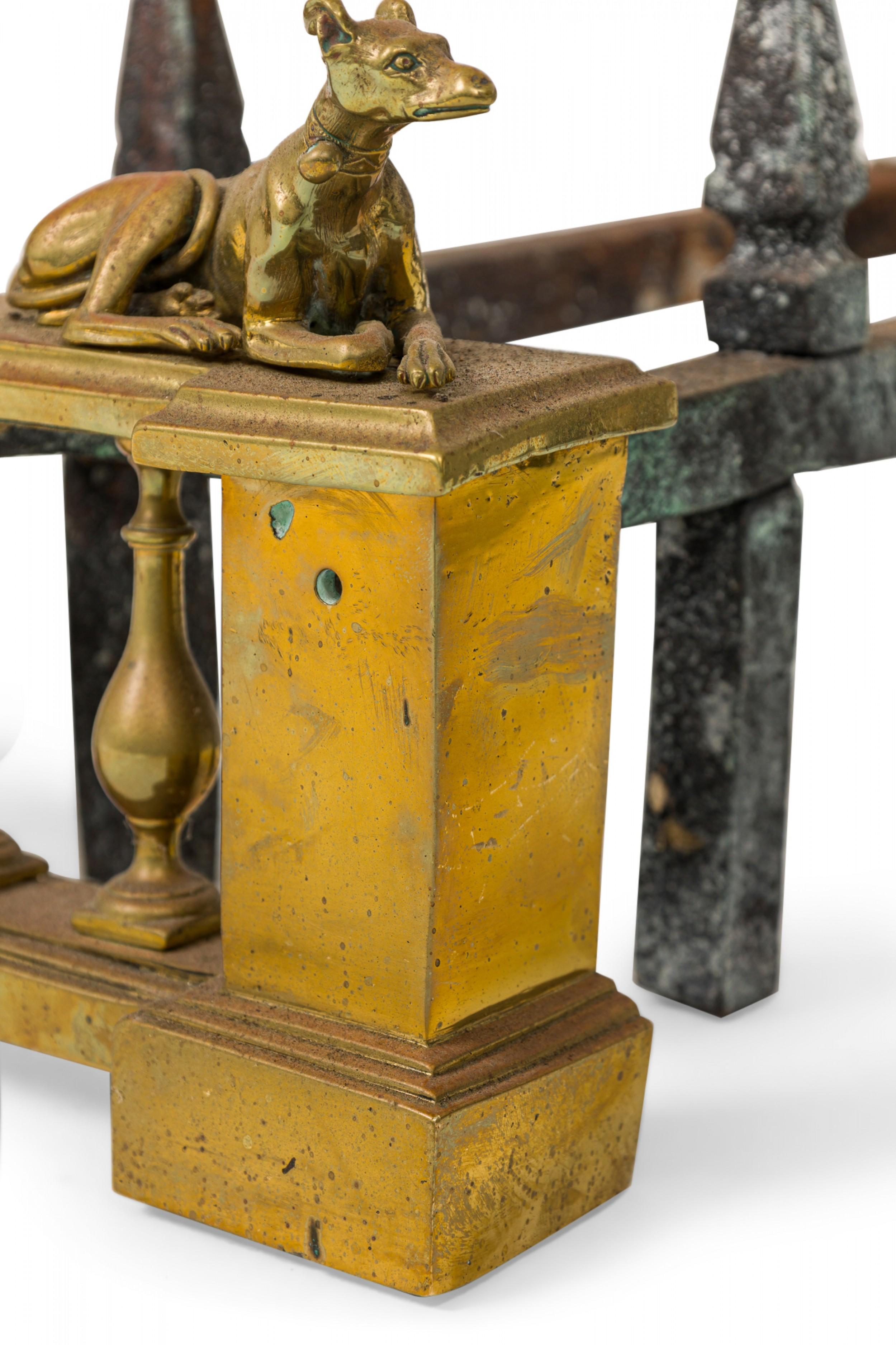 Pair of English Victorian Style Flame and Urn Finial and Greyhound Figure Andiro For Sale 1