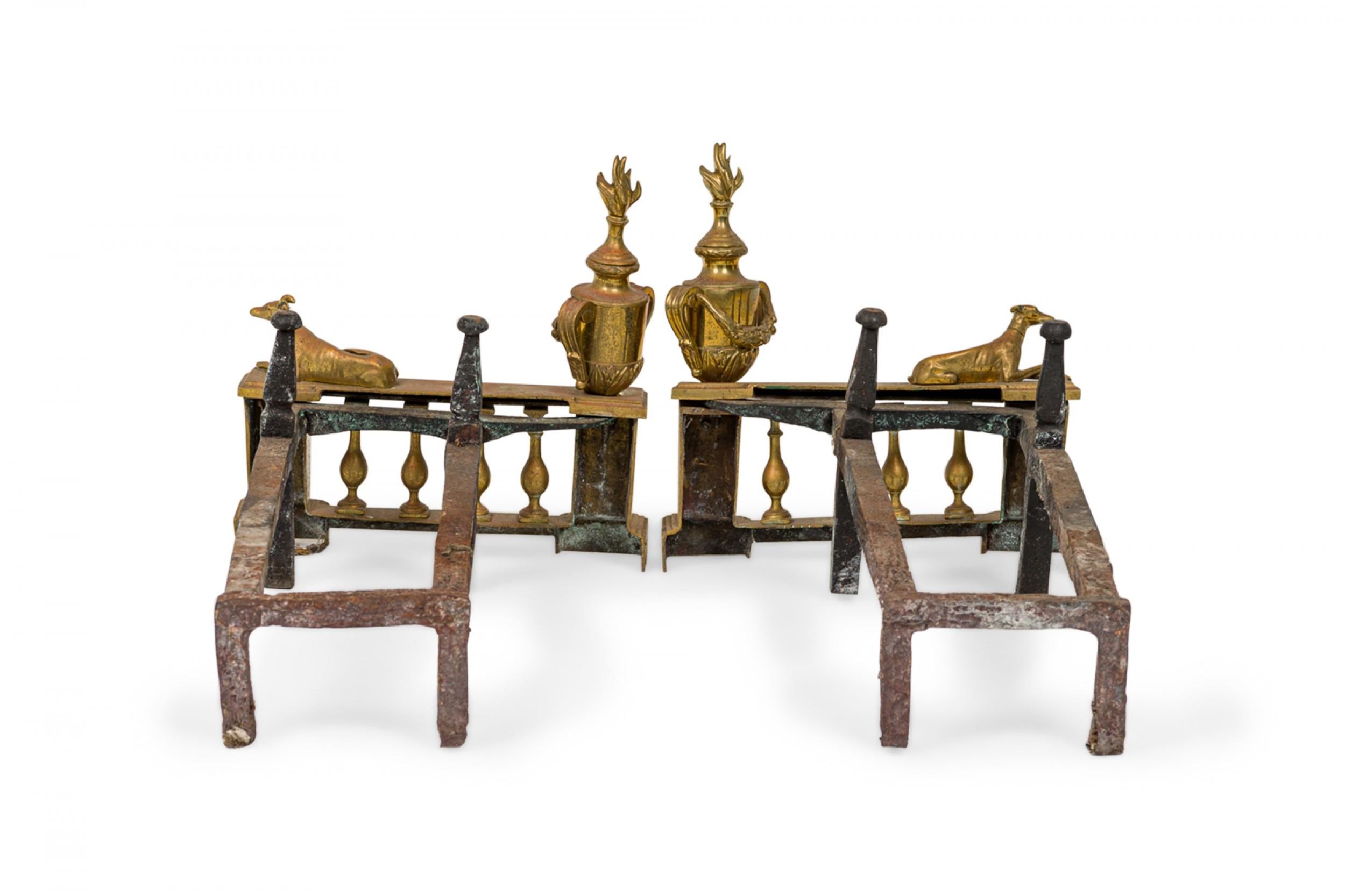 Pair of English Victorian Style Flame and Urn Finial and Greyhound Figure Andiro For Sale 2