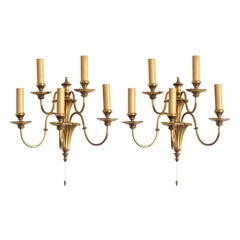 Pair of English Victorian Style Gilt Brass Five-Light Electrified Wall Sconces
