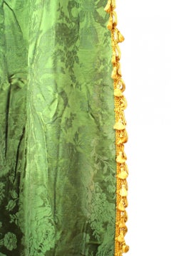 Pair of English Victorian Style Green Damask Gold Tassel Drapes