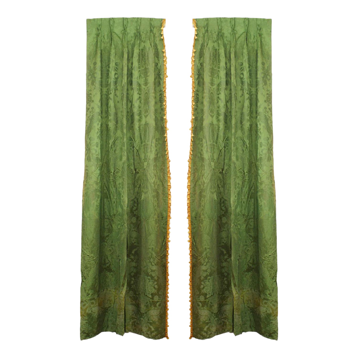 Paire de rideaux anglais de style victorien en damas vert avec glands dorés en vente