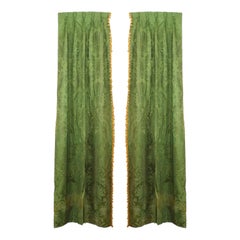Antique Pair of English Victorian Style Green Damask Gold Tassel Drapes