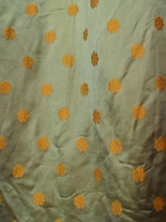 Pair of English Victorian Style Green Silk Gold Flower Silk Drapes