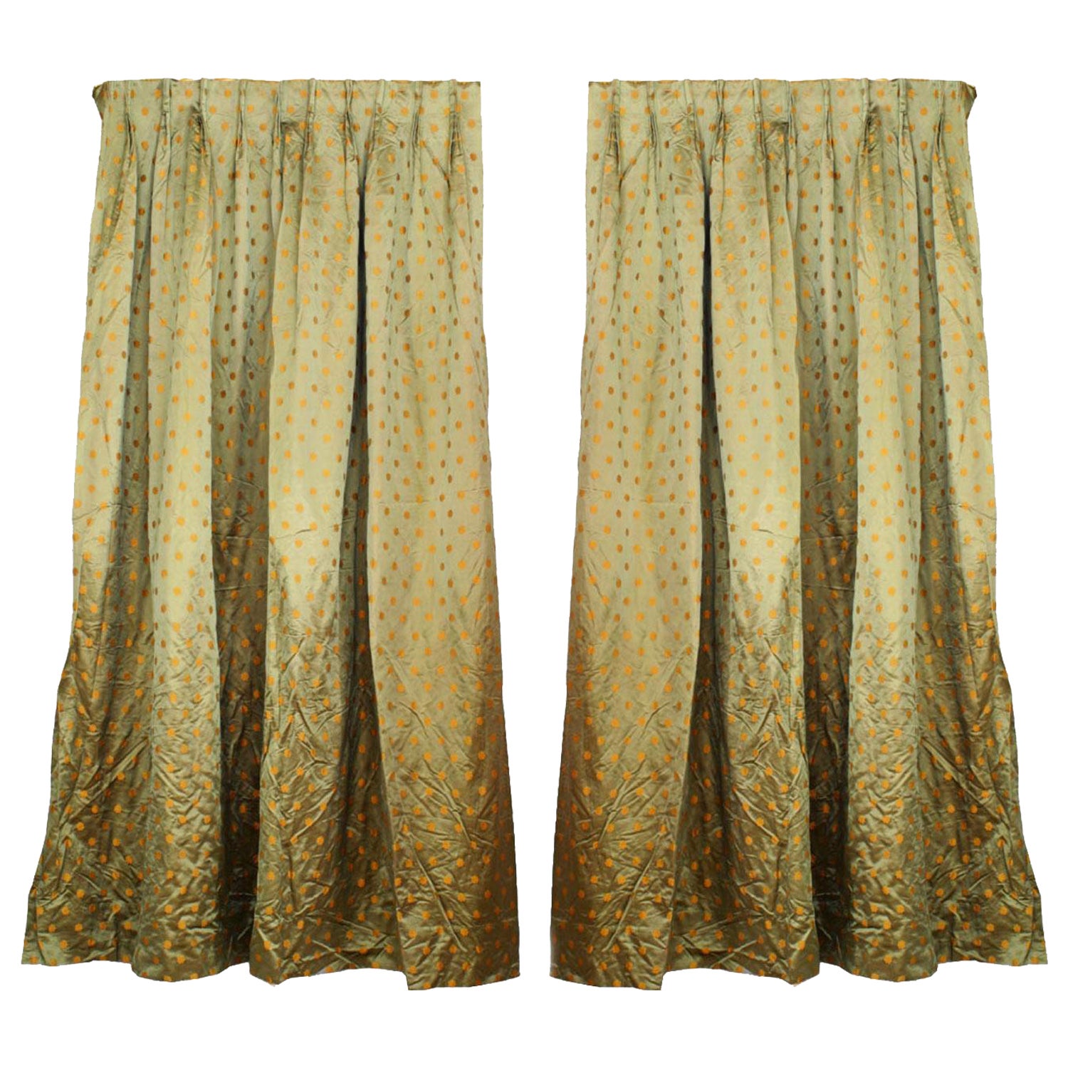 Pair of English Victorian Style Green Silk Gold Flower Silk Drapes