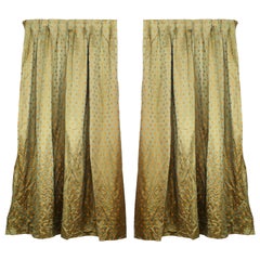 Pair of English Victorian Style Green Silk Gold Flower Silk Drapes