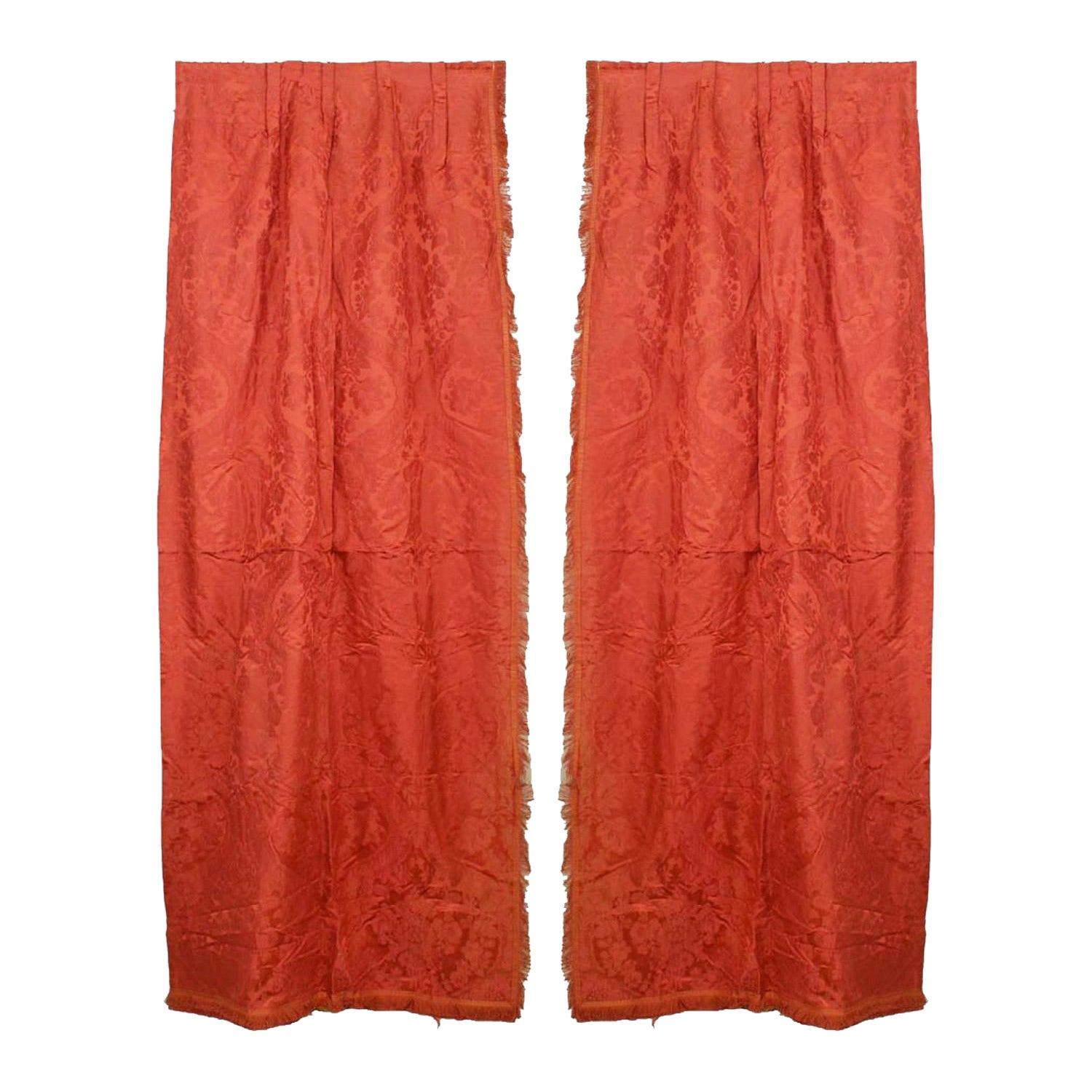 Pair of English Victorian Style Rose Colored Damask Fringe Drapes