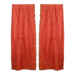 Pair of English Victorian Style Rose Colored Damask Fringe Drapes