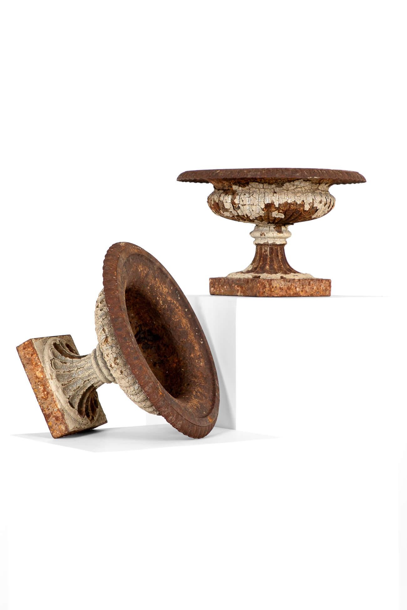 Une superbe paire d'urnes à tazza en fonte de l'époque victorienne avec des restes de peinture ivoire.

La paire présente un large rebord en forme de feuille avec un corps godronné, sur un socle attendu terminé par des bases de piédestal