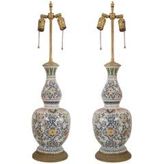 Pair of English Victorian Two-Tiered Porcelain Lamps