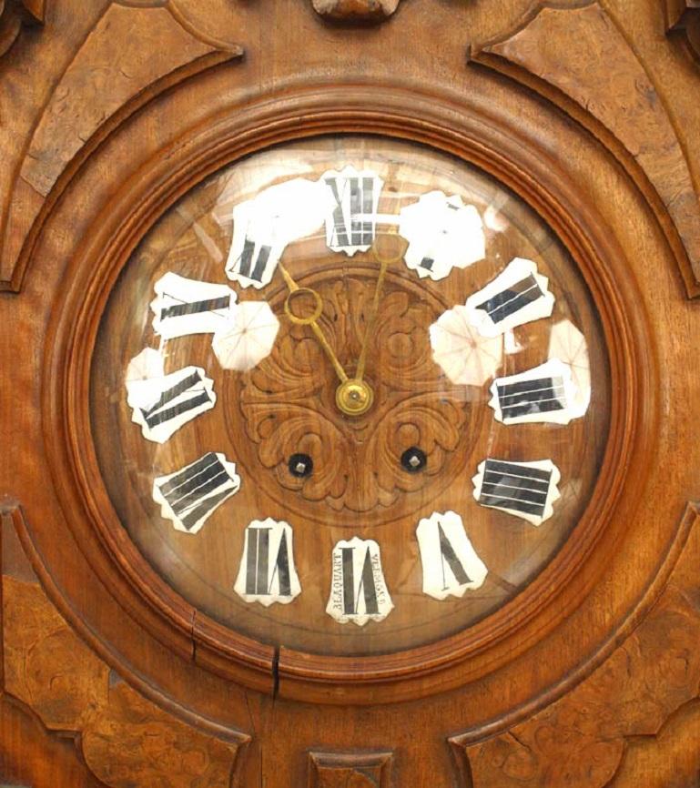 Carved Pair of English Victorian Walnut Wall Clock & Barometer For Sale