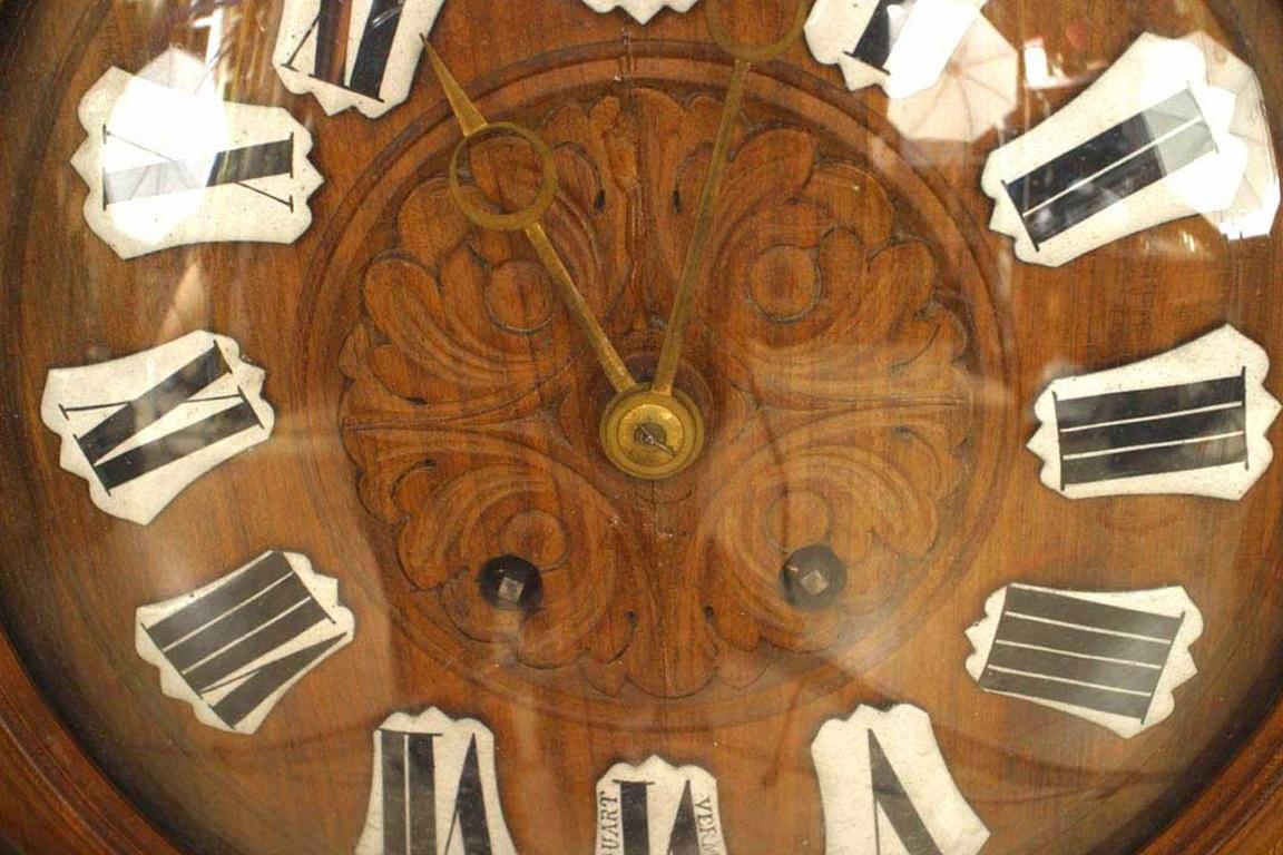 Pair of English Victorian Walnut Wall Clock & Barometer In Good Condition For Sale In Queens, NY