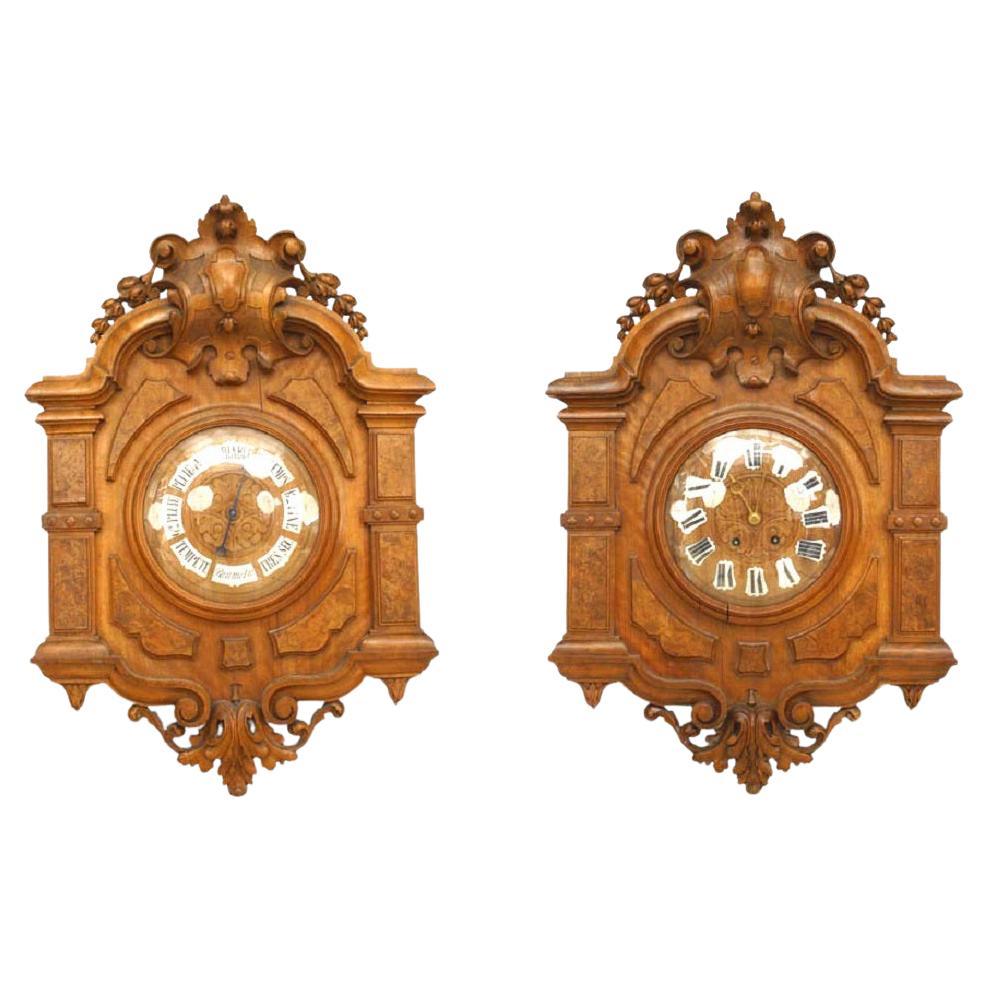 Pair of English Victorian Walnut Wall Clock & Barometer For Sale