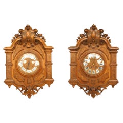 Pair of English Victorian Walnut Wall Clock & Barometer