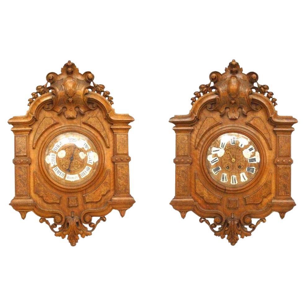 Pair of English Victorian Walnut Wall Clock & Barometer For Sale