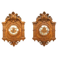 Pair of English Victorian Walnut Wall Clock & Barometer