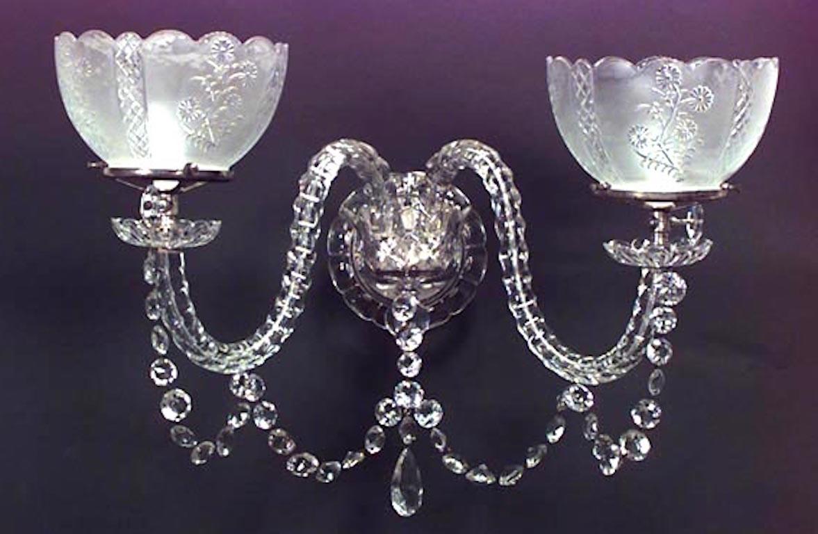 Pair of English Victorian Waterford crystal wall sconces with two arms and beaded swags (PRICED AS Pair)
