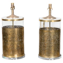 Pair of English Vintage Brass and Glass Lamps with Openwork Motifs on Lucite