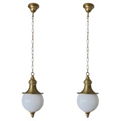 Pair of English Vintage Brass Opaline Glass Pendants, circa 1930