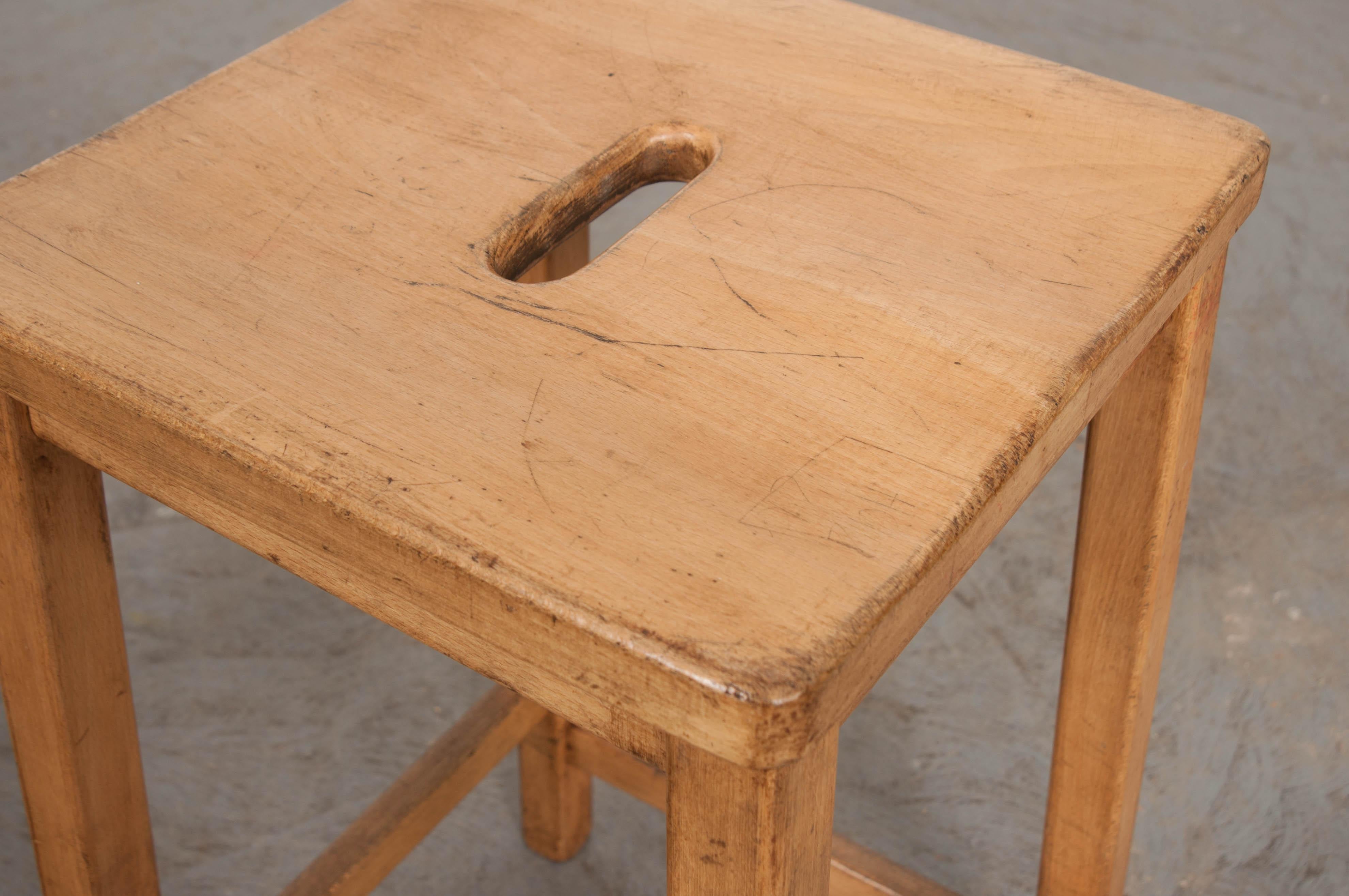 Carved Pair of English Vintage Fruitwood Schoolhouse Stools