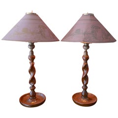 Antique Pair of English Walnut Barley Twist Table Lamps with Brass Light Holders